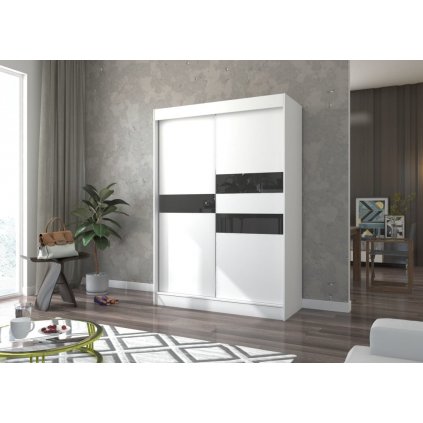 Šatní skříň s posuvnými dveřmi Batia - 150 cm bílá + černý lacobel