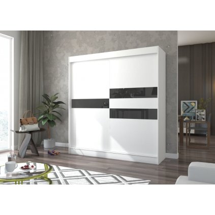 Šatní skříň s posuvnými dveřmi Batia - 200 cm bílá + černý lacobel