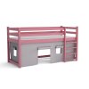 Dětská zvýšená postel Portos v růžové barvě – pohled z pravé strany na domečkový prostor