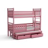 Růžová patrová postel Pinokio – dětská dřevěná postel pro tři s výsuvnými šuplíky