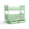 Zelená postel Pinokio – patrová postel pro tři děti s přistýlkou a úložnými zásuvkami
