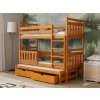 Patrová postel Pinokio v barvě olše – třílůžkové dřevěné provedení s úložnými šuplíky