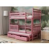 Růžová postel Pinokio – dětská patrová postel pro tři s přistýlkou a úložným prostorem