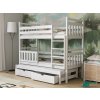 Bílá patrová postel pro tři Pinokio – dřevěná postel s přistýlkou a úložnými zásuvkami