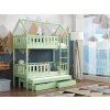 Dřevěná postel Otis v zelené barvě – patrový domeček se zásuvkami a přistýlkou.