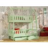Patrová postel Aurelia v zeleném odstínu – čelní pohled na domečkovou konstrukci se šuplíky
