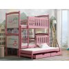 Růžová postel Amelia – dětská patrová postel pro tři s přistýlkou, tabulemi a úložným prostorem