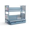 Modrá patrová postel pro tři Florida – dětská postel z masivu s přistýlkou a zásuvkami