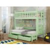 Patrová postel Lukáš v zeleném provedení – čelní pohled v pokoji, spodní lůžko se zásuvkami