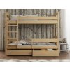 Masivní patrová postel Kajtek z borovice přírodní – čelní pohled s úložnými šuplíky