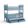 Modrá patrová postel Kubuš – dětská postel pro tři s přistýlkou a úložnými šuplíky