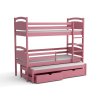 Růžová postel Mája 2 – patrová postel pro tři děti s přistýlkou a zásuvkami
