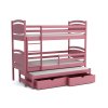 Růžová patrová postel Tornádo 2 – dětská dřevěná postel pro tři s výsuvnými zásuvkami
