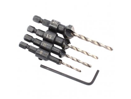Sada záhlbnikov do dreva s vrtákmi 3,4,5,6 mm, upínanie 6-hran, XL-TOOLS 2.wk4