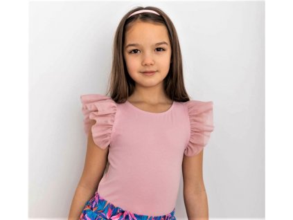 Dívčí tričko s tylovým rukávkem pudrová růžová Lily Grey