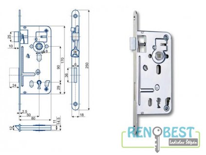 Zámek zadlabací 537 C, rozteč 90 mm, zádlab 80 mm