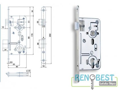 Zámek zadlabací 24027 C, rozteč 90 mm, zádlab 80 mm