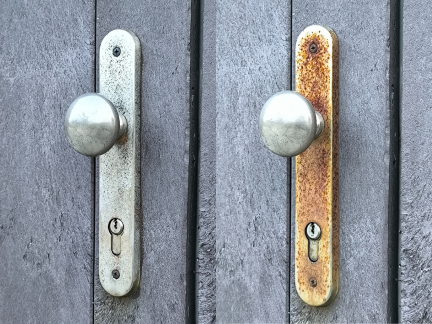 Odstranění rzi z kovového krytu FAB – ukázka před a po čištění laserem.