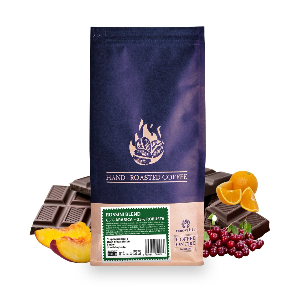 Coffee On Fire ROSSINI BLEND, 65% ARABICA + 35% ROBUSTA - zrnková káva Velikost balení: zrnková káva 1000g
