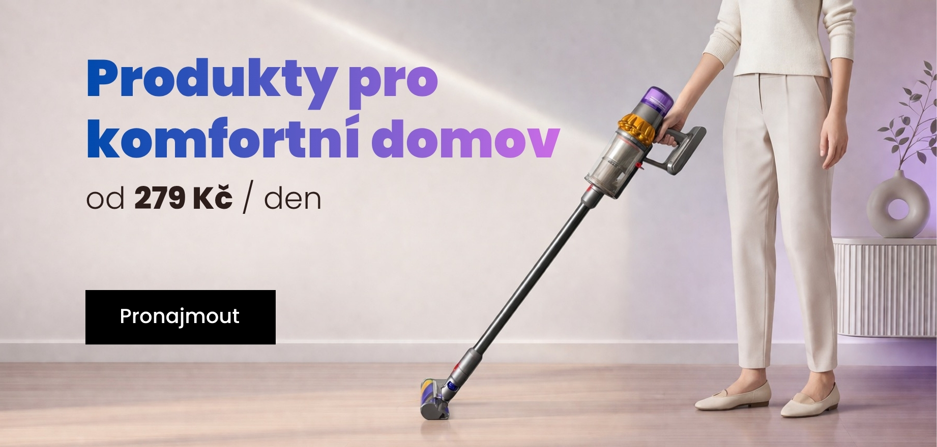 Online půjčovna prémiových produktů do domácnosti – kávovar Nespresso, tyčový vysavač a čistička vzduchu Dyson v moderním interiéru, zapůjčení od 279 Kč za den, bez kauce a s dopravou zdarma.