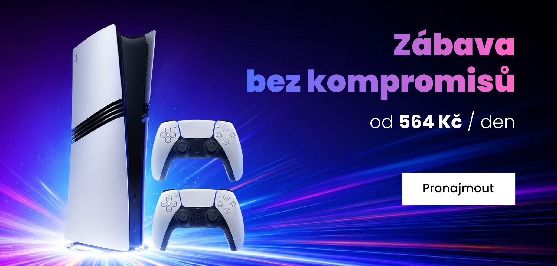 Online půjčovna prémiové zábavy – herní konzole PlayStation 5, VR headset a ovladače v moderním herním prostředí s fialovým podsvícením, zapůjčení od 233 Kč za den, bez kauce a s dopravou zdarma.