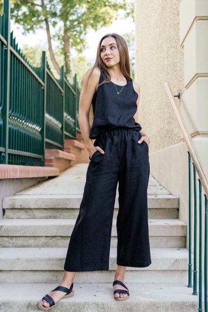 Reparada černé lněné culottes