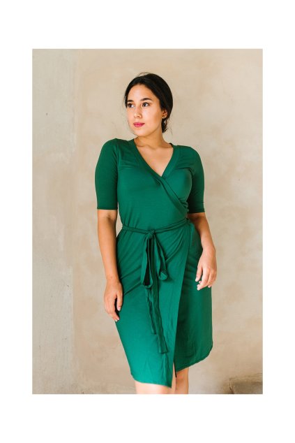 Bambusové zavinovací šaty Meda s rukávem po loket, nižší gramáž, tmavě zelené