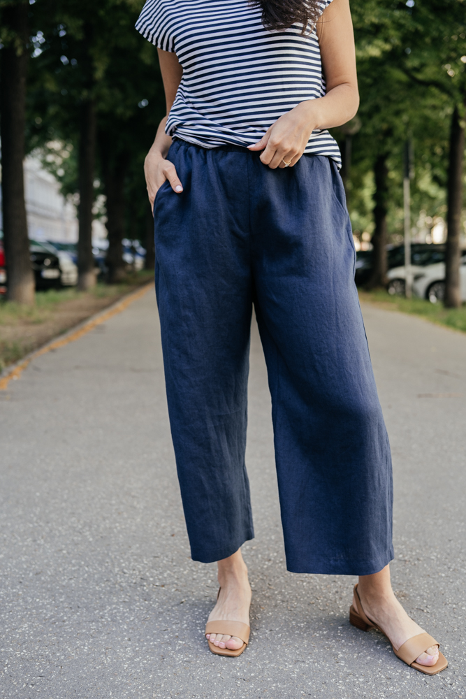 Levně Lněné culottes Ronda modré