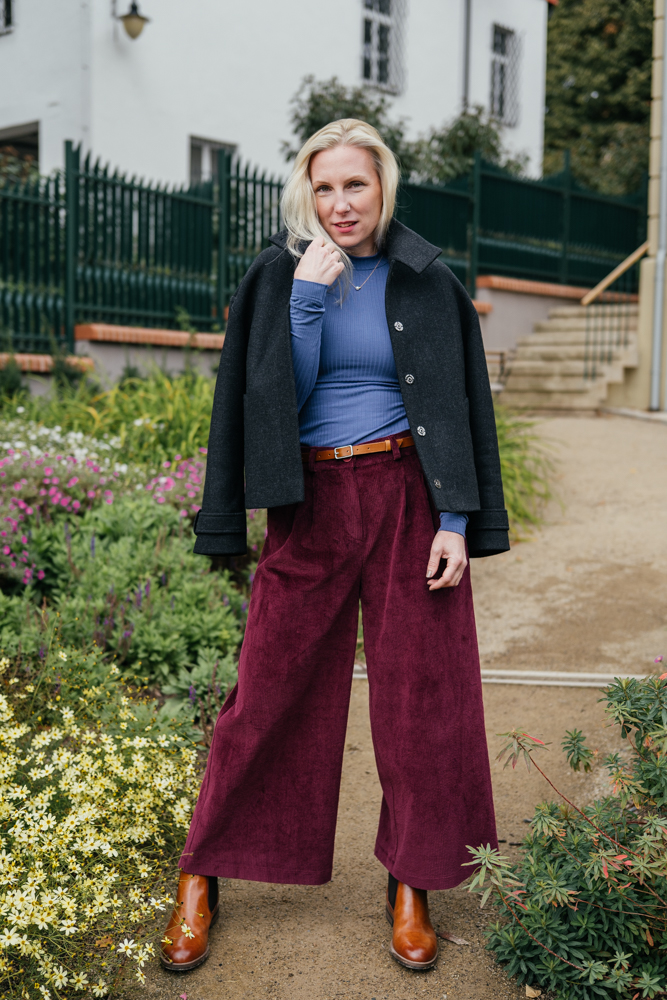 Levně Culottes Michele silnější manšestr vínový