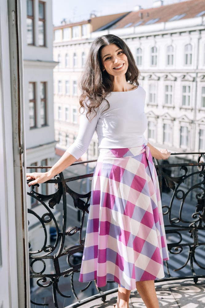 Sukně Bibi midi Fialovo-růžové kostky Velikost: XS