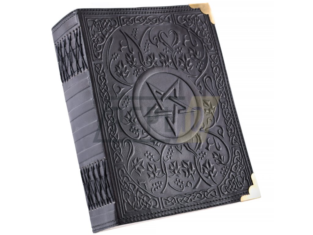 Černý kožený zápisník s pentagramem, pamětní kniha 18x23cm