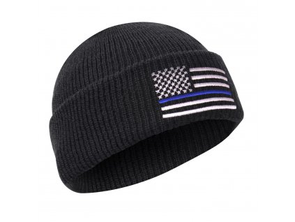 Čepice DELUXE pletená US vlajka s modrou linkou ČERNÁ