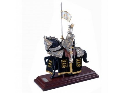 Soška Anglický rytíř na koni s drakem na přilbě a stříbro-zlatou korouhví  + Doprava zdarma na další nákup
