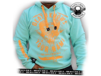Pánská mikina s kapucí Mafia & Crime Death Knows Your Name tyrkys (Velikost S)