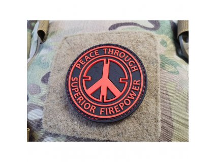 Nášivka PEACE THROUGH SUPERIOR FIREPOWER plast velcro ČERNÁ/ČERVENÁ