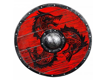 Vikinský štít Fenrir – Rudý vlk, dřevěný kruhový štít - Outlet