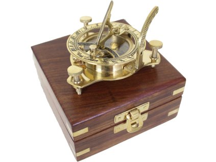 Kompas mosazný se slunečními hodinami SUNDIAL v dřevěné krabičce