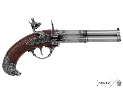 denix Revolving 3 barrel flintlock pistol France 18th C