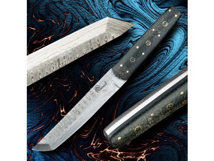 4614 3 damaskovy lovecky nuz dellinger damask tanto jute rukojet z micarty a s kozenym pouzdrem