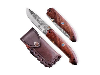 4851 15 lovecky zaviraci nuz dellinger d2 engrave zdobeny rytinou a s kozenym pouzdrem