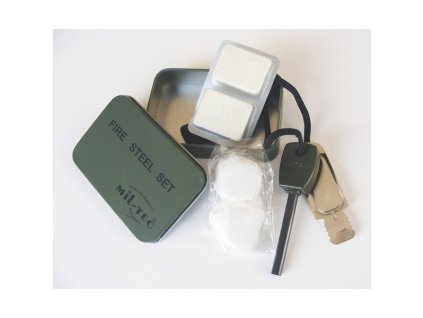 Podpalovací set s křesadlem FIRE STEEL v plechové krabičce