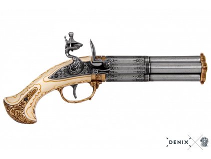 denix Revolving 4 barrel flintlock pistol France 18th C