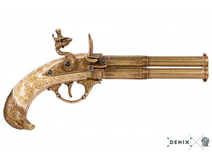 denix Revolving 2 barrel flintlock pistol France 18th C