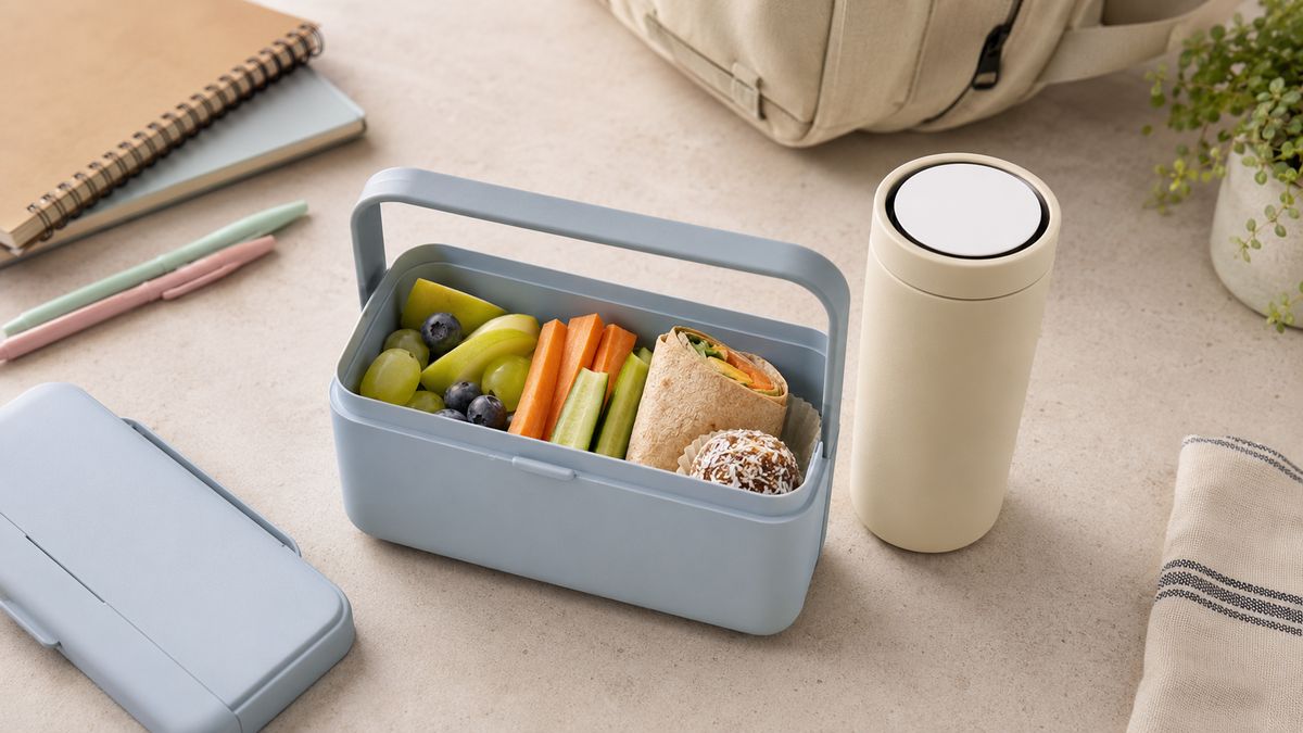 Modrý svačinový box s wrapem, ovocem a zeleninovými tyčinkami vedle termohrnku a školního batohu
