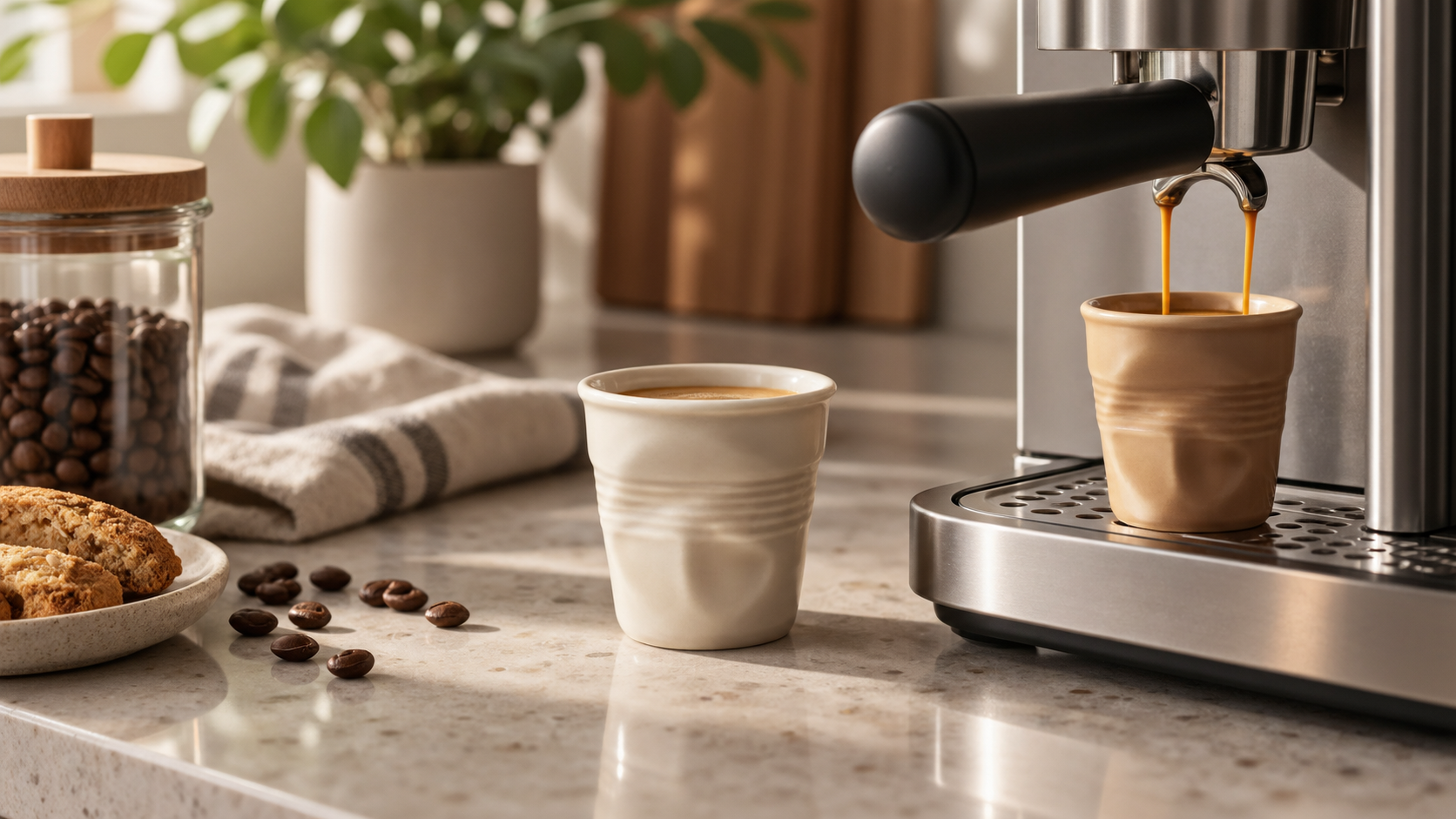 Šálky Froissés od značky Revol v přírodních odstínech na kuchyňské lince, do jednoho z nich teče espresso z kávovaru