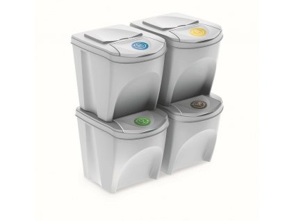 Sada 4 odpadkových košů SORTIBOX bílá 392x293x325 s bílým víkem a nálepkami PROSPERPLAST