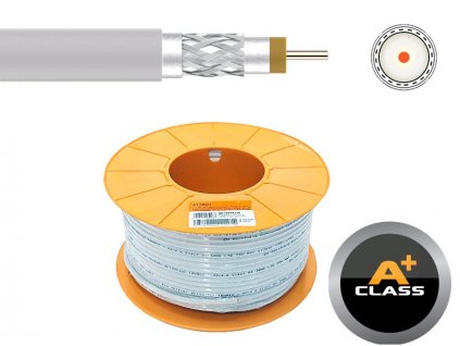 Koaxiální kabel Televes 413601, ClassA+, 6,7mm, bílý, PVC, vnitř. vodič 1,02mm Cu, opletení AL, 100m