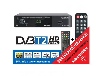 Mascom MC721T2PLUS, přijímač DVB-T2 HEVC se dvěma ovladači.