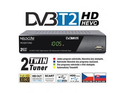Mascom MC820T2HD TwinTuner přijímač DVB-T2 HEVC, ovladač TV CONTROL
