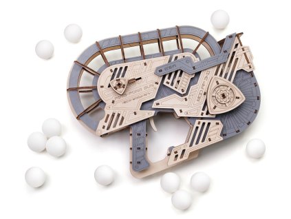 Dřevěná 3D stavebnice — vystřelovač pingpongových míčků